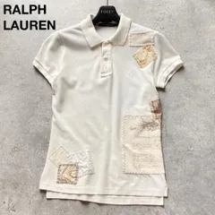 希少 RALPH LAUREN ラルフローレン 半袖ポロシャツ プルオーバー パッチワーク ロゴ刺繍 ポニー アイボリー Mサイズ