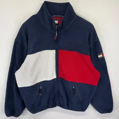 古着 90's/90年代 トミーヒルフィガー TOMMY HILFIGER フリースジャケット フラッグ フルジップ 大きいサイズ XXL  ネイビー メンズ