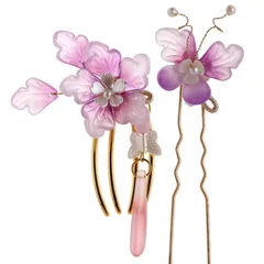 かわいい 髪かざり 袴 袴 かんざし 浴衣 コーム 着物 卒業式 和装 入学式 おしゃれ 卒園式 Uピン 結婚式 髪飾り 成人式 髪飾り 漢服 胡蝶 造花 花 ヘアアクセサリー 2点セット (【2点セット】パープル系)