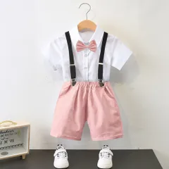 ☆ ピンク ☆ 110cm ☆ フォーマルスーツ pk23a031 フォーマルスーツ 男の子 おしゃれ 4点セット キッズ 半袖 子供スーツ 子供服 フォーマル スーツ セットアップ 上下セット 4点 セット シャツ 半袖シャツ ズボン ストラップ リボン