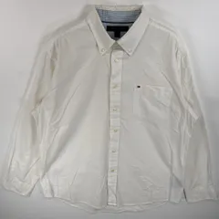 古着 トミーヒルフィガー TOMMY HILFIGER 長袖シャツ ボタンダウンシャツ ワンポイント ロゴ 刺繍 胸ポケ L  ホワイト 無地 メンズ