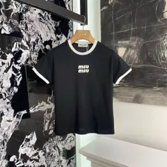 新作登場SALE美品 MIU MIU ビジュー ロゴ 刺繍 Tシャツ ピンク トップス