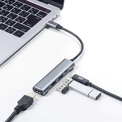 サンワダイレクト USBハブ Type-C 接続 HDMI 4K / USB C×1 PD対応/USB A×2 アルミ セルフパワー バスパワー 両対応 ガンメタリック 400-HUB086GM [ガンメタ] [HDMI付　ケーブル　12cm]
