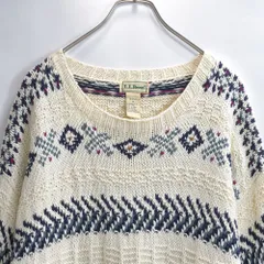 80s L.L.Bean エルエルビーン ジャガード プルオーバー コットンラミーニット セーター ヴィンテージ オフホワイト ビンテージ USA アメリカ古着 メンズXL相当