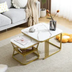 「大人気商品」全新品 センターテーブル テーブル ローテーブル 大理石調 波紋 収納付き おしゃれ 入れ子式 正方形 2個セット 光沢感  組み合わせ自由【ホワイト＋ゴールド】