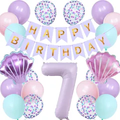 【特価セール】Lausatek バルーン 誕生日 7歳 風船セット HAPPY BIRTHDAY バースデー ガーランド バースデー 飾り付け 数字7 シェル 装飾 お祝い イベント 子ども 男の子 女の子 パープル