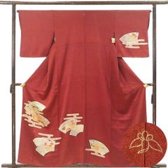 訪問着 身丈160cm 裄65cm 前幅26cm 後幅30cm 袖丈49cm 袖幅34cm レディース 袷 扇面 裄Mサイズ 秋冬春用 正絹（シルク）レッド 美品 リメイク リユース リサイクル【呉服のきくや】