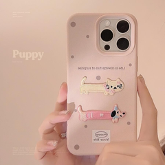 長い猫 長い犬 アップリケ くすみピンク 水玉 ドッド わんこ 猫 ガーリー 可愛い アイフォンケース スマホケース iphone12 iphone13 iphone