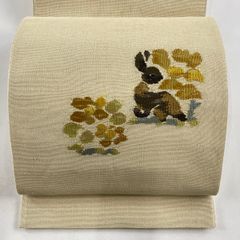 袋帯 秀品 夏帯 紬地 花うさぎ 草花 クリーム お太鼓柄 正絹 【中古】