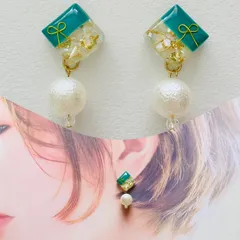 3.グリーン リボン シェル ピアス イヤリング パール スクエア