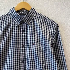 古着　Ｍ　トミーヒルフィガー　tommyhilfiger ワンポイントロゴ　ポケット付き　長袖　ブランド　シャツ　ボタンダウン　紺　チェック柄