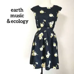 アースミュージックアンドエコロジー ノースリーブ 花柄 ワンピース ひざ丈 プリント タック ブラック Sサイズ