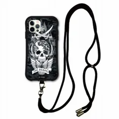 [iPhone14 Pro] iPhone16 Plus スマホケース i-coronケース スマホショルダー付 アイフォン 14 13 12 11 XR XS スマホケース 肩掛け 斜め掛け 耐衝撃 モノトーン スカル ブラック サーベル