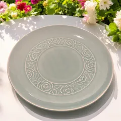 青磁 食器 花柄 未使用品 年代物 アンティーク 骨董 取り皿 盛り皿 飾り皿 中皿 直径22cm