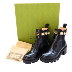 ≪値下げ≫ 【中古】 GUCCHI グッチ 550036 GGマーモント サイドゴアブーツ クリスタルベルト付 レザー 35 1/2  22.5ｃｍ ブラック 黒 ビジュー付き レディース ショートブーツ A2400657 【無料ギフトラッピング承ります】