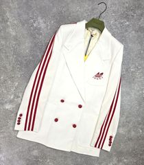 ★美品【GUCCI×adidas グッチ×アディダス】22-23AW コレクション テーラード ジャケット ロゴ 3本線 レディース 38サイズ ホワイト×レッド 712117 PAWNSHOPRiZ  パウンショップリズ