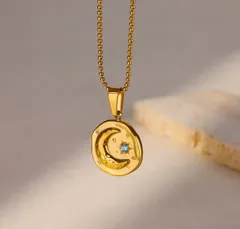 199【ラスト1】月　cz一粒ブルーダイヤ　コイン　ネックレス  サージカルステンレス