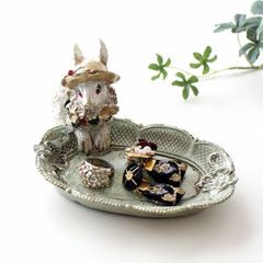 うさぎ トレー トレイ おしゃれ 置物 オブジェ アクセサリートレイ 雑貨 アンティーク調 バロックラビットのミニトレイ グリーン