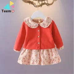 ２点セット さくらんぼ　かわいい　チュニックワンピース　カーディガン　ボタン花　子供服 女の子　長袖　おしゃれ　春　秋　森ガール　韓国子供服