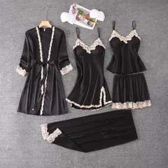 ☆ ブラック ☆ Mサイズ ☆ パジャマ五点セット lypaj1 ルームウェア レディース セット 5点 5点セット ネグリジェ ナイトウェア サテン 上下セット ガウン キャミソール ショートパンツ パンツ ワンピース カップ付き おしゃれ お洒落