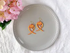 水引　あわじハートとパールのピアス（黄×オレンジ）