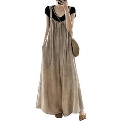 【新品】 [Patypeety] オールインワン サロペット ワイドパンツ レディース スカート 楽ちん 体型カバー ボトムス 春夏 綿麻混 マタニティ スカーチョ きれいめ 重ね着 リラックス 着痩せ 大きいサイズ ふんわり 女性 通勤 脚長 (カーキ, 1