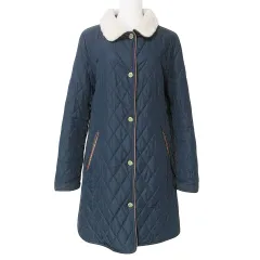ローレンラルフローレン LAUREN RALPH LAUREN キルティングコート ボア襟 レザーパイピング 中綿 ワッペン ロゴボタン 紺 ネイビー S ☆AA★ Xのサムネイル