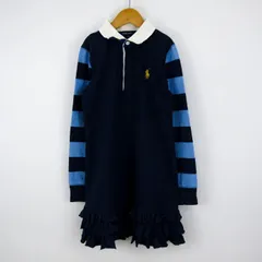 ラルフローレン ポロシャツ 長袖ワンピース 胸元ロゴ 裾フリル 袖ボーダー コットン キッズ 女の子用 140サイズ ネイビー RALPH LAUREN 【中古】