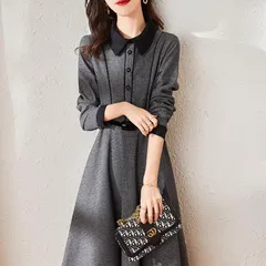 ワンピース レディース シャツワンピ フレア 膝下 長袖 Vネック 襟付き 角襟 フェミニン ウエストマーク ハイウエスト ボタン バイカラー かわいい 大人可愛い きれいめ シンプル 上品 おしゃれ かっこいい ルーズ エレガント モダン ラブリー 都会的 