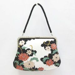 美品 タグ付き Honney ビーズバッグ 和装バッグ ハンドバッグ 花柄 黒系 鞄 和装小物 レディース E079Z