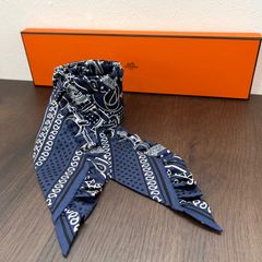 [新品]HERMES エルメス ツイリー エプロン・ドール シルク フリル スカーフ ブルー 白 バンダナ TWILLY