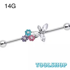 113：インダストリアル 【蝶々×花】 ボディピアス 14G バタフライ 蝶々 フラワー 水色 ピンク 紫 ロングバーベル ストレートバーベル