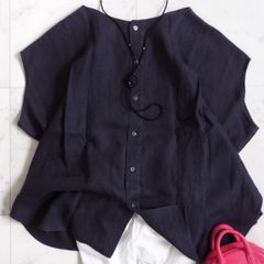【URBAN RESEARCH DOORS アーバンリサーチドアーズ】リネン2WAYフレンチタックブラウス sizeone　ネイビー