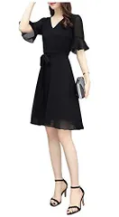 ミニ丈 ブラック_XL エムズ モア シフォンワンピース レディース 半袖 夏 春夏 ワンピース ワンピ aライン 切り替え vネック はんそで リゾート ドレス 無地 ハイウエスト カジュアル きれいめ シンプル シフォン シースルー ゆったり レディス ガ