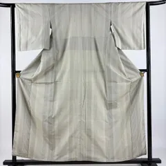 【美品】 お召 身丈156cm 裄丈62.5cm S 袷 縦縞 麻の葉 ベージュ 正絹 逸品 【中古】