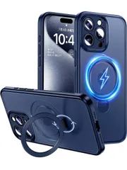 ★Magic John iPhone 15 Pro Max ケース 耐衝撃 スタンド付き 360°回転 滑り止め いphone15pro max ケース 半透明 カメラ保護 TPU ズレにくい ブルー