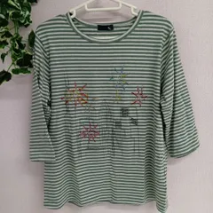 レディース　カットソー　プルオーバー　ラインストーン　七分袖　Tシャツ　グリーン　緑　グレー　ボーダー柄　古着（あ-69，イ-3）