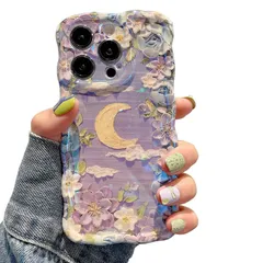 【人気商品】軽量 薄型 耐衝撃 ウェーブ スマホケース 月 ワイヤレス充電対応 花柄 ストラップホール付き 可愛い アイフォン13 韓国 Pro Max Pro ケース おしゃれ 6.7インチ MaxケースTPUカバー 対応 13 - iPhone パープル