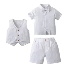 子供服 キッズ フォーマル スーツ 男の子 ベビー服 半袖シャツ+半ズボン+ベスト3点セット 夏 ブリティッシュスタイル タキシード風 卒園式 入園式 七五三 お宮参り 結婚式 入学式 90 100 110 120 130cm