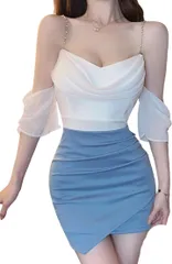 COCO&YUKA(ココアンドユカ) 肩出し シフォン オフショルダー タイト ミニ ワンピース 胸元 セクシー キャバドレス 半袖 カシュクール スカート パット付き( ホワイトブルー,  L)