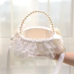 ウェディング 花かご かご ホワイト 白 レース パール フラワーガール 子供 結婚式 指輪用 リングピロー イベント リングボーイ 花びら入れ パーティー 小物 手提げ 丸型 布製 リボン飾り