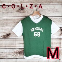 美品 C・O・L・Z・A コルザ Tシャツ トップス 半袖 丸首 クルーネック 重ね着風 フェイクレイヤード メンズ スポーティー サイドスリットあり リブ部分ストレッチ M Mサイズ 白 シロ ホワイト 緑 グリーン(5833 bbb500)
