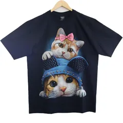 【訳あり特価】😻ビッグアイ猫 Tシャツ XL 黒 リボン キャップ 姉弟ネコ【ユニセックス】【XLサイズ】7700438