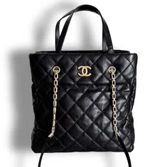 【中古】シャネル　ワイルドステッチ　チェーントートバッグ　マトラッセ　ココマーク ショルダーバッグ　ラムスキン　ゴールド金具 　ブラック　レディース