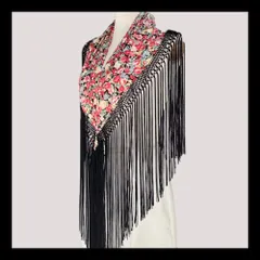 小花柄×黒フレコピキージョ(cr-127)／フラメンコ・ダンス・ベリーダンス・舞台衣装小物・ピキージョ・シージョ・ヒップスカーフ