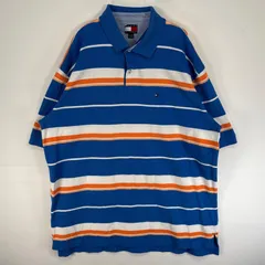古着 90's/90年代 トミーヒルフィガー TOMMY HILFIGER 鹿の子 半袖 ポロシャツ ロゴ 刺繍 ボーダー 2ボタン XXL  ブルー系 マルチカラー メンズ