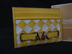 ■新品同様■ MICHAEL KORS マイケルコース レザー 編み込み カードケース カード入れ イエロー系×ホワイト系 BL4070