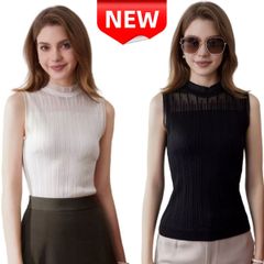 ✨新品✨ インナーにも使える❤︎ノースリーブニット トップス レディース シアー素材 リブニット ハイネック 透け感 セーター ホワイト 白 ブラック 黒 M L XL シンプル 韓国ファッション