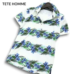 Black on TETE HOMME テットオム 春夏 パイル★ 花柄 リーフ柄 ボーダー 半袖 ポロシャツ リゾートウェア Sz.M メンズのサムネイル