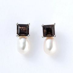 スモーキークォーツ　 freshwater pearl　ピアス  パールピアス